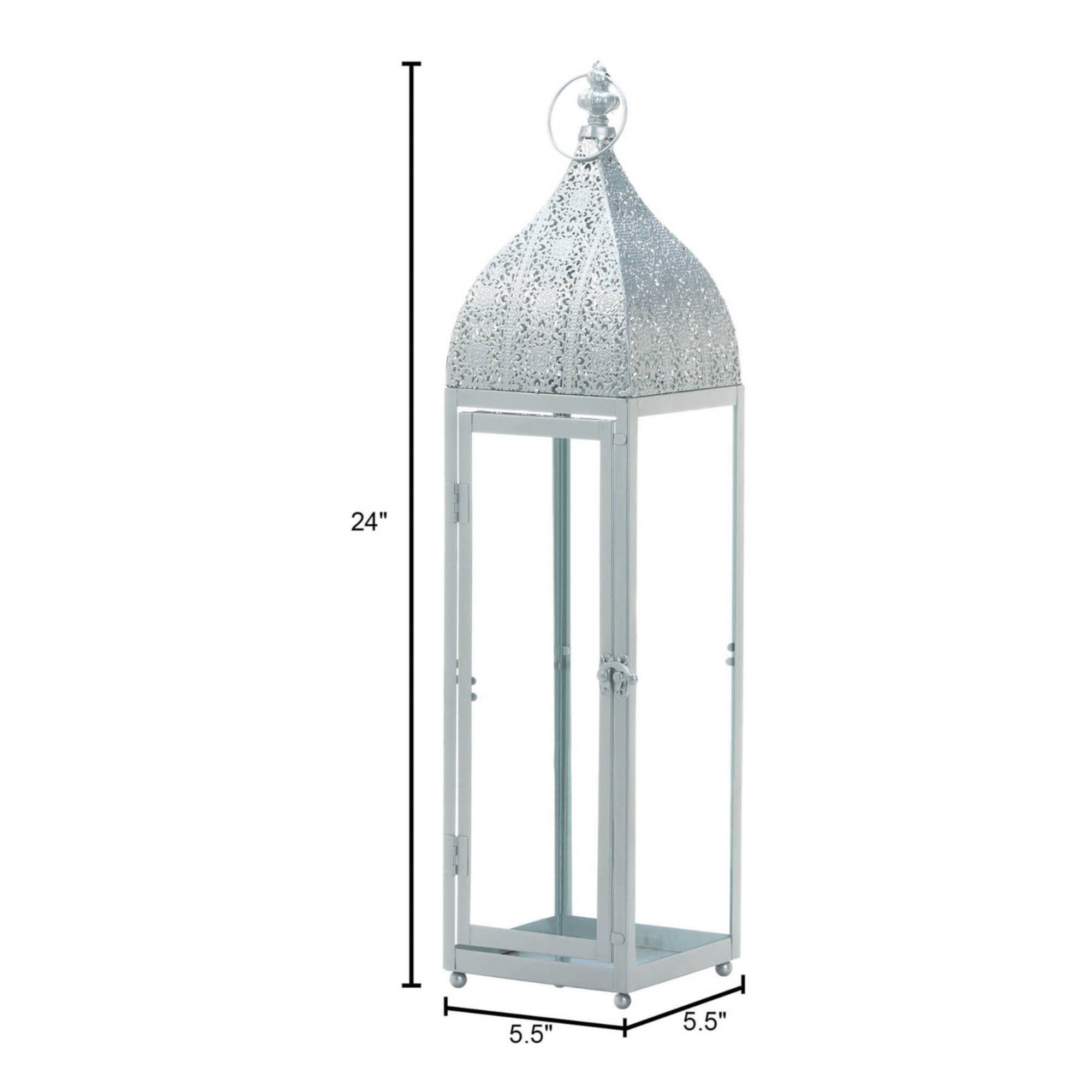 24" Large Silver Metal Rectangular Moroccan Style Candle Lantern